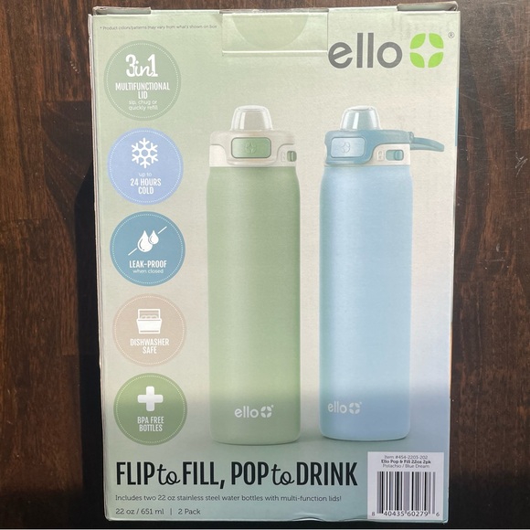 Ello Flip To FillPop To Drink Two Pack New In Box Blue Green Aluminum 22 oz each - Picture 2 of 6